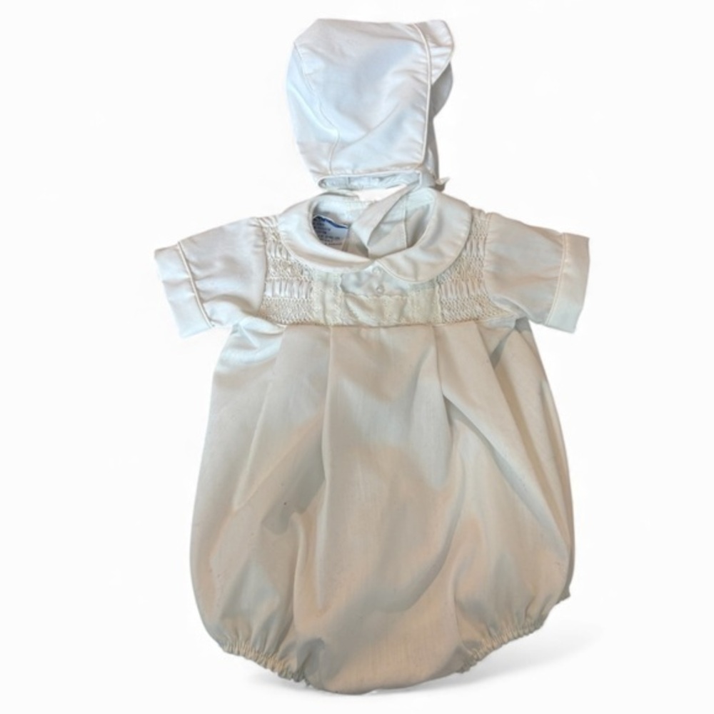 Polly Flinders 6- 12 month infant  boy christening onesie white lace & bonnet